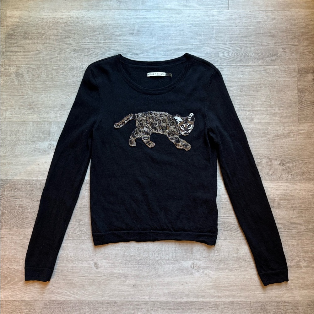 Alice + Olivia Bethela Cat Beaded Embroidered 100% Wool Black Sweater Size M - Picture 2 of 9